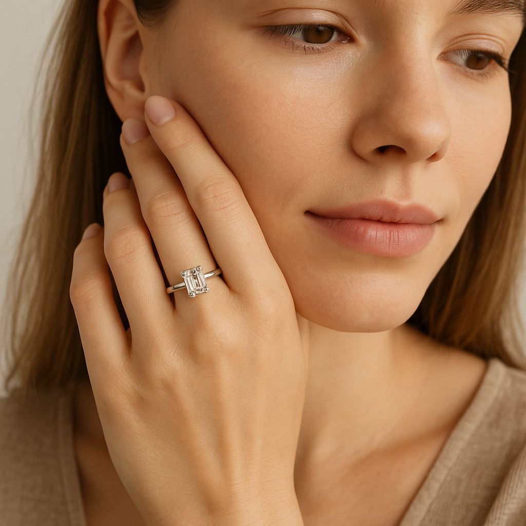 Close-up of a woman wearing a diamond ring on her hand