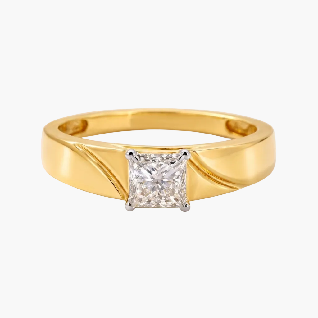 Gold ring with a diamond on a light gray background