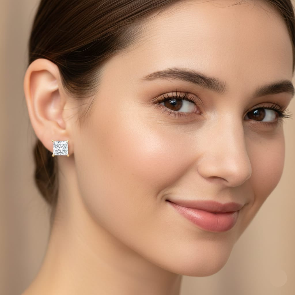 Close-up of a woman wearing diamond stud earrings with a neutral background