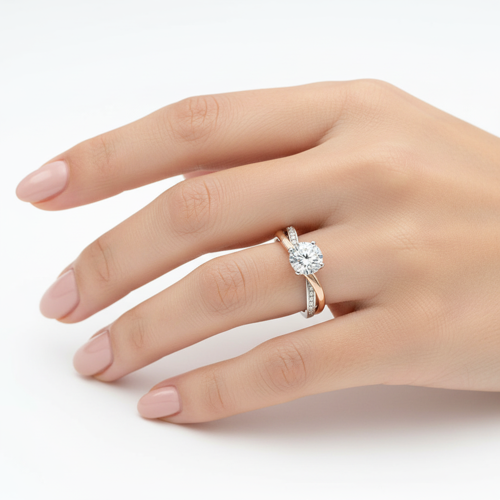 Female model wearing delicate two-tone gold twisted solitaire diamond ring