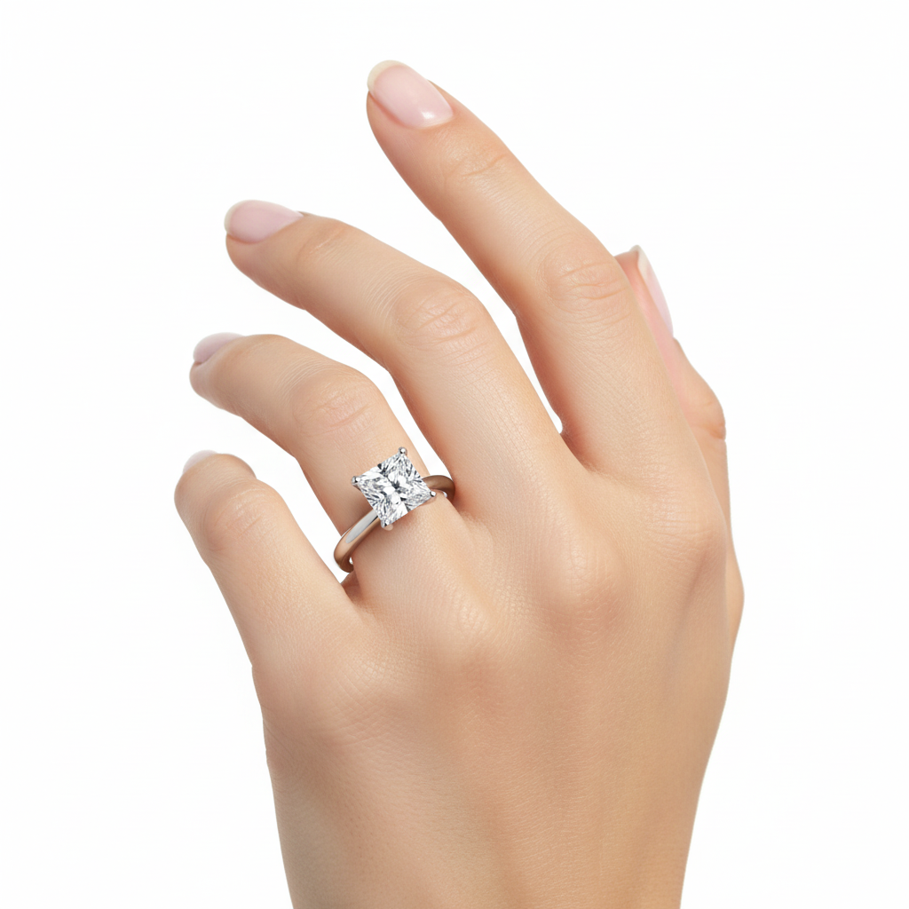 Female model wearing delicate white gold princess-cut diamond solitaire ring
