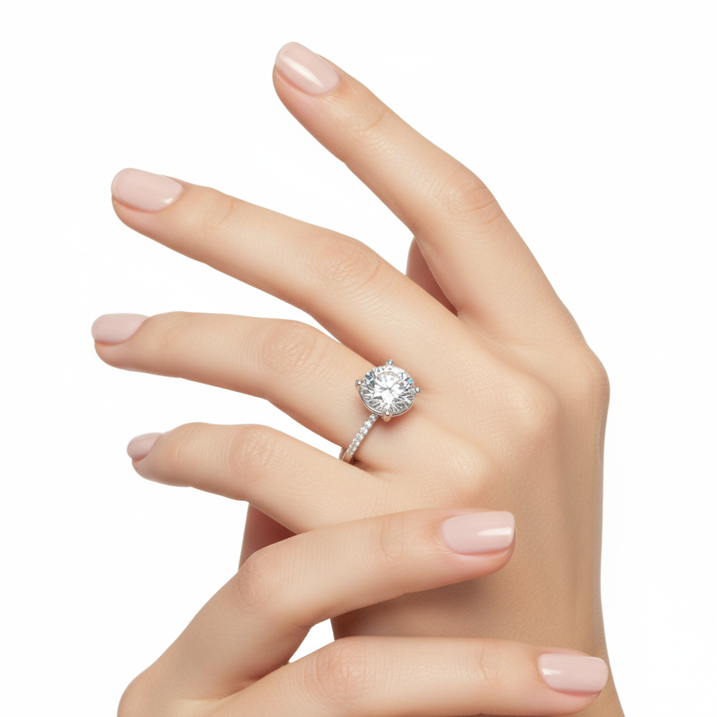 Female model wearing delicate white gold round brilliant diamond ring