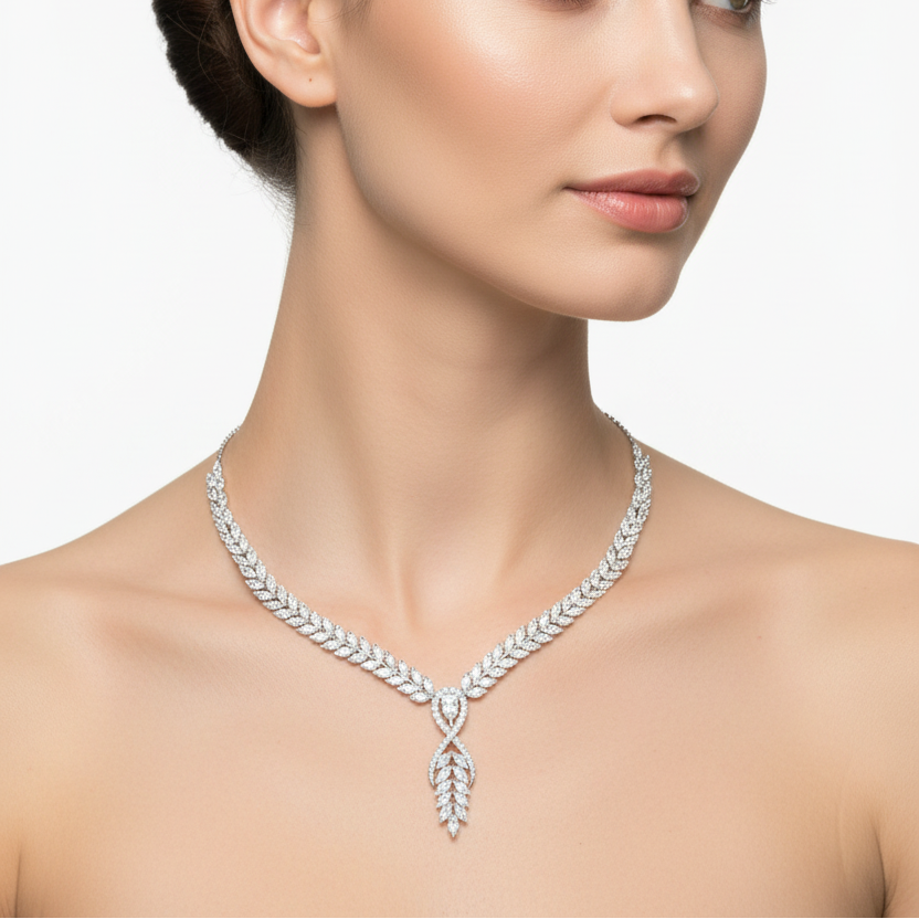 Female model wearing diamond leaf necklace