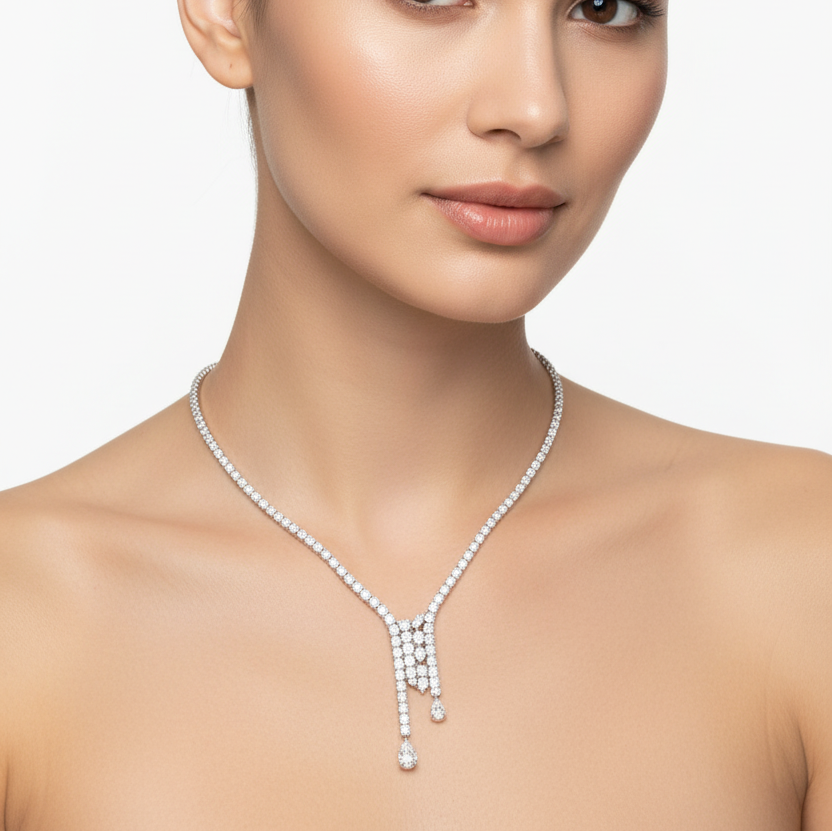 Female model wearing diamond necklace