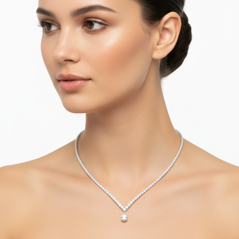 Female model wearing diamond V-necklace