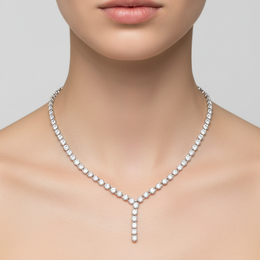 Female model wearing diamond Y-necklace