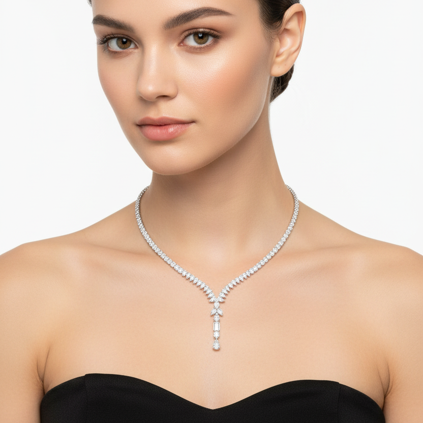 Female model wearing diamond Y-necklace
