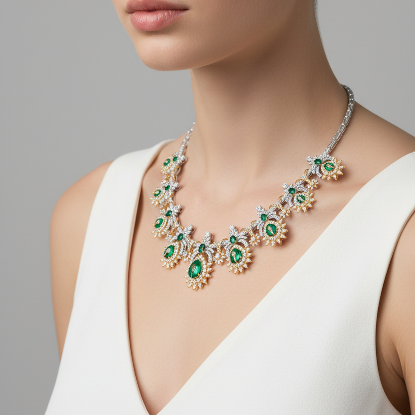 Female model wearing emerald and diamond necklace