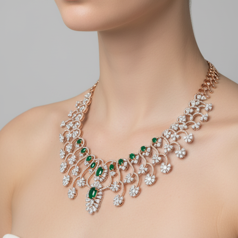 Female model wearing emerald and diamond necklace