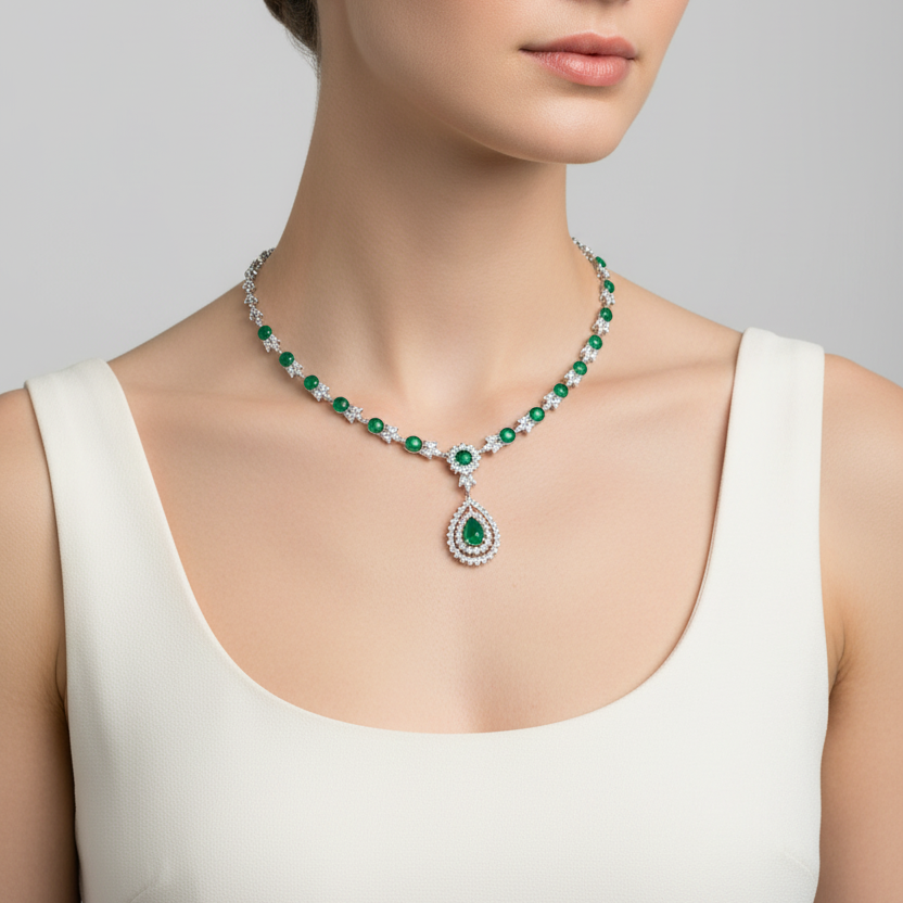 Female model wearing emerald and diamond necklace