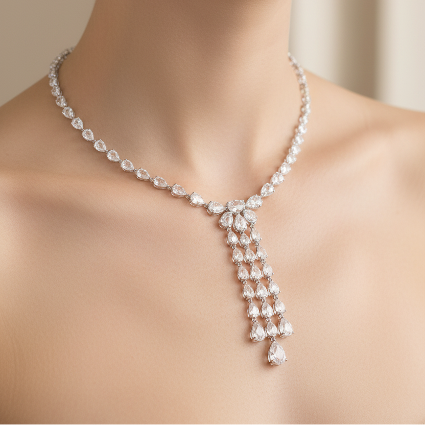 Female model wearing rose-cut pear diamond tassel collar necklace