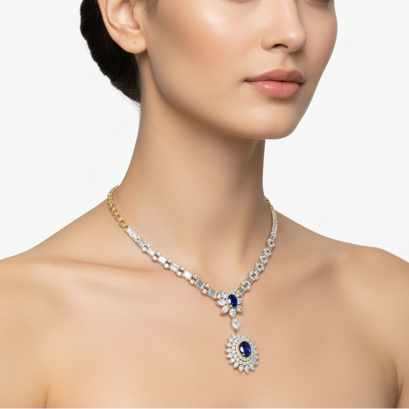 Female model wearing sapphire and diamond necklace