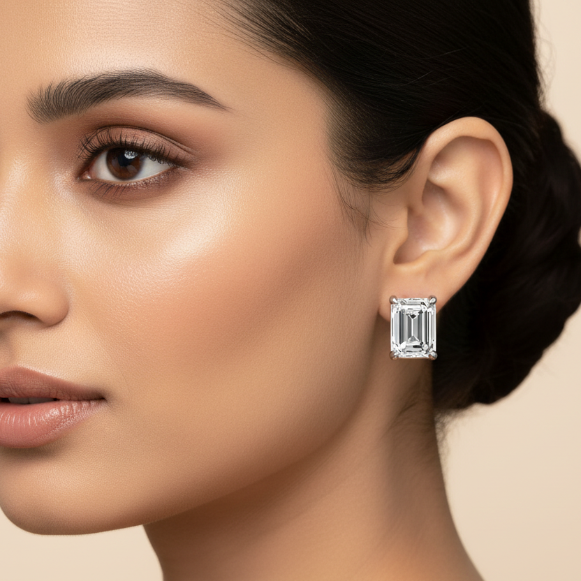 Generated alternate variation - Indian female model wearing the white gold emerald-cut diamond solitaire stud earrings, three-quarter side angle with warm golden hour lighting