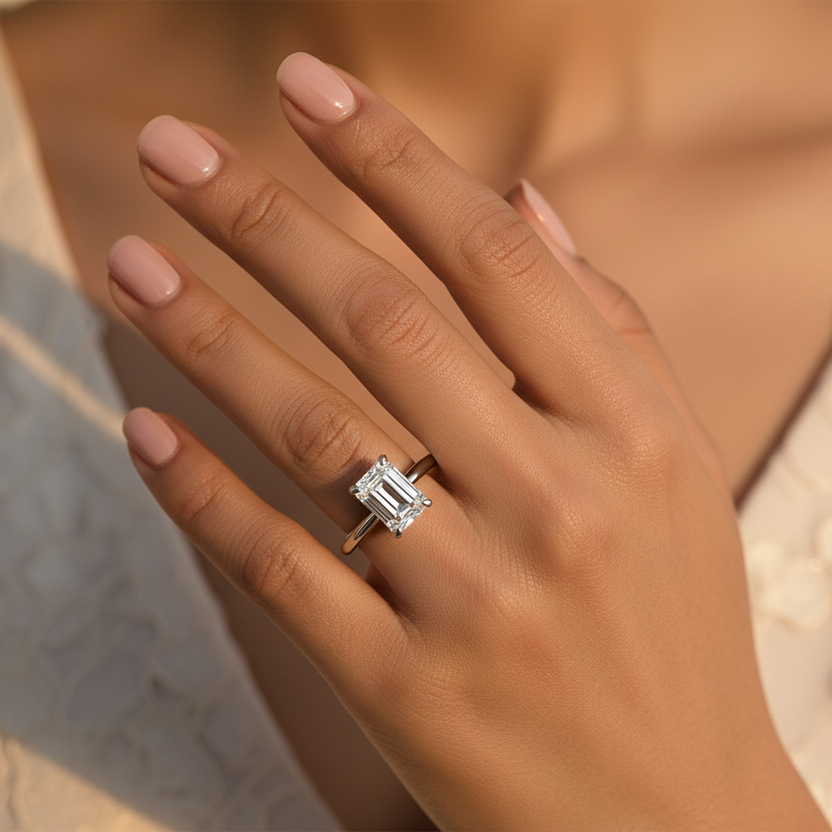 Generated fresh variation - Indian female model wearing the white gold emerald-cut diamond solitaire ring, direct overhead top-down angle warm golden hour light on ivory background with delicate blush styling