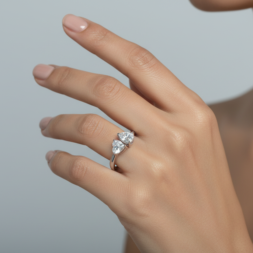 Generated fresh variation - Indian female model wearing the white gold Toi et Moi heart-cut and pear-cut diamond ring, three-quarter side angle showcasing the dramatic asymmetric elevated profile