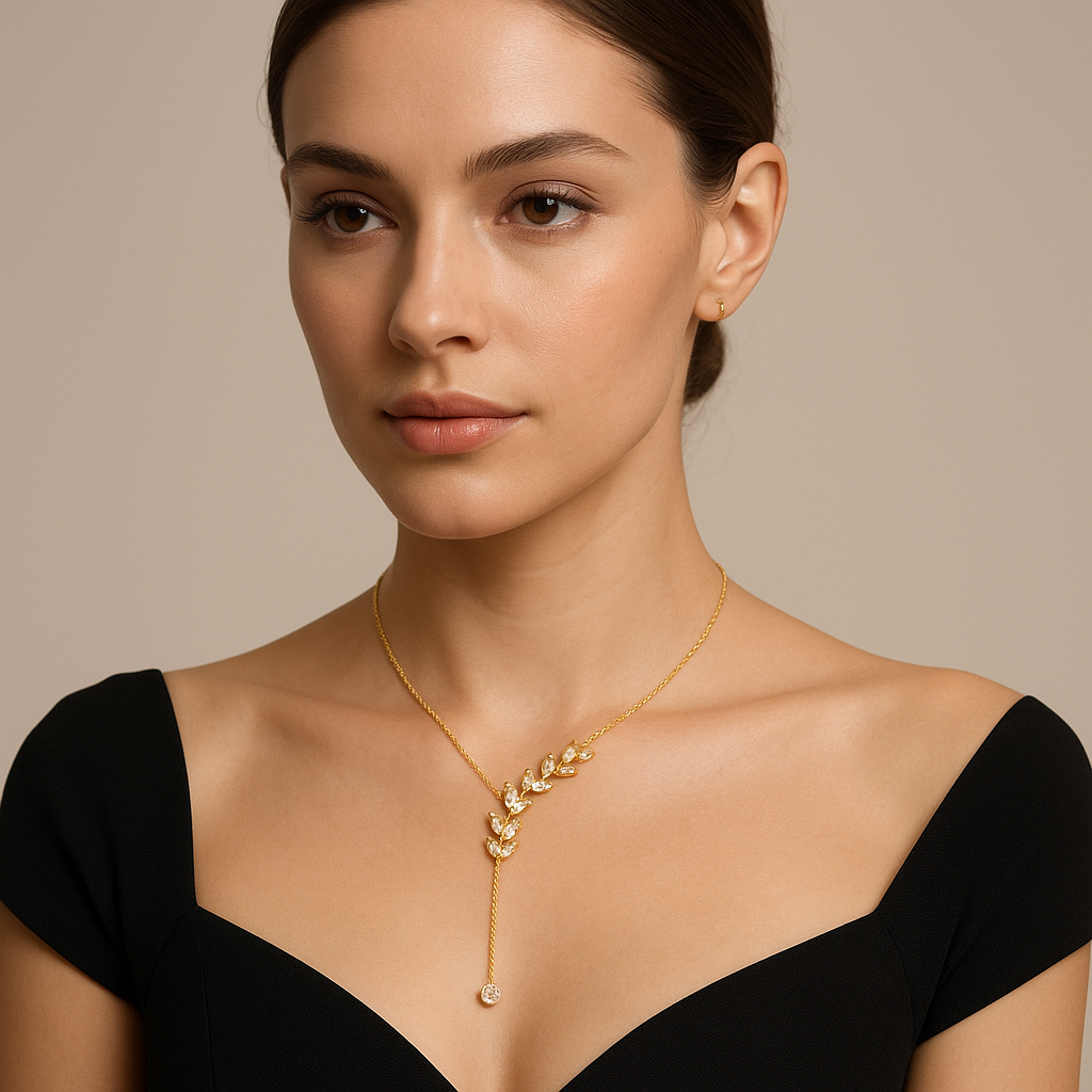 Generated image of a female model wearing the diamond lariat necklace in small size