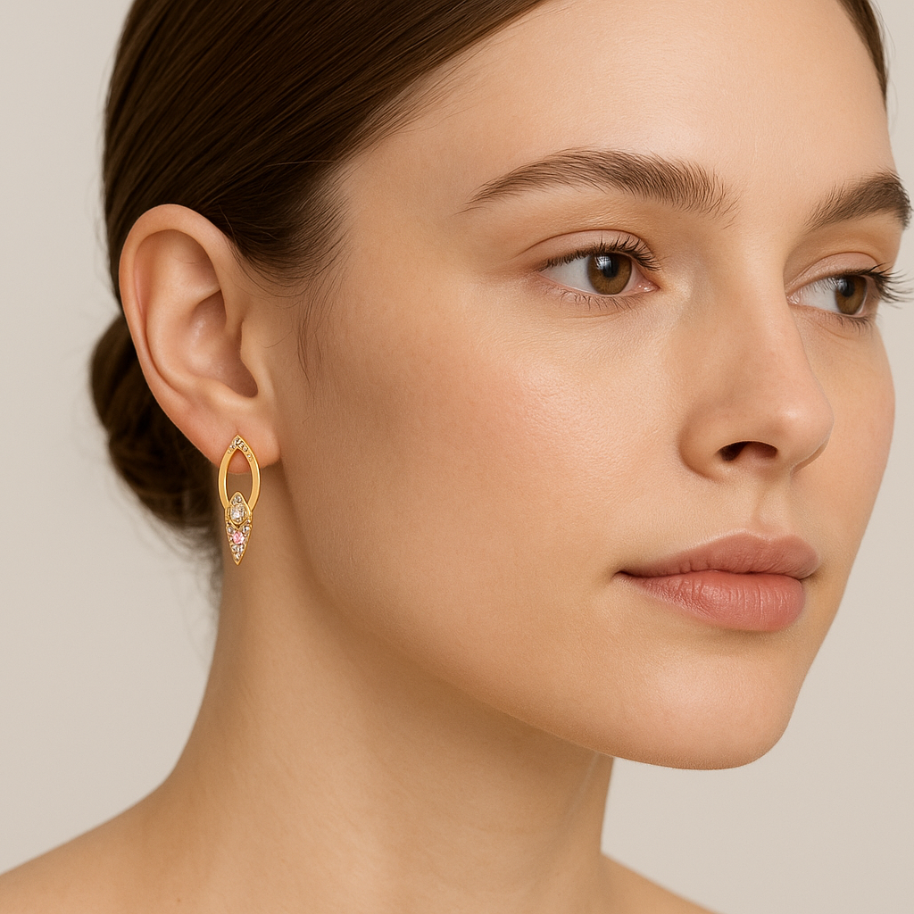 Generated image of a female model wearing the gold, diamond, and pink sapphire statement earrings in a smaller size