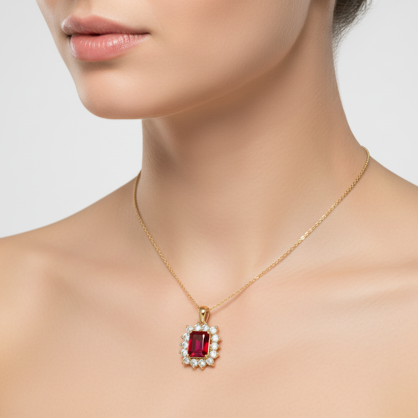 Generated image of a female model wearing the yellow gold emerald-cut ruby pendant with diamond halo