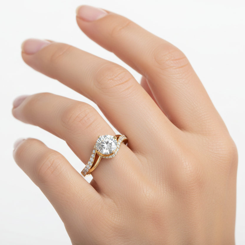 Generated image of a female model wearing the yellow gold four-prong floating solitaire ring with hidden halo and intertwining split pavé diamond band