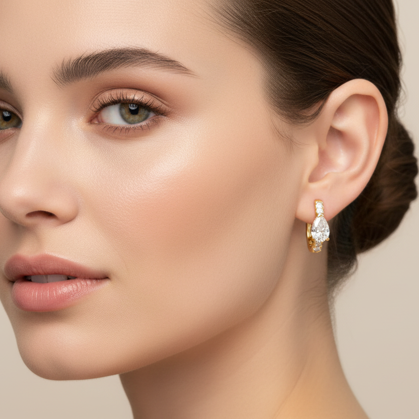 Generated image of a female model wearing the yellow gold huggie hoop earrings with pear-shaped diamonds