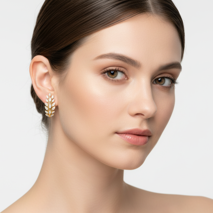 Generated image of a female model wearing the yellow gold leaf motif diamond hoop earrings