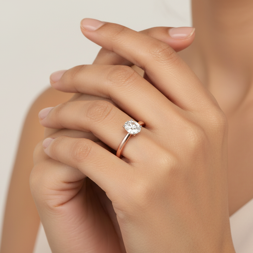 Generated image of an Indian female model wearing the two-tone rose gold and white gold four-prong oval brilliant solitaire engagement ring on a slim plain polished band