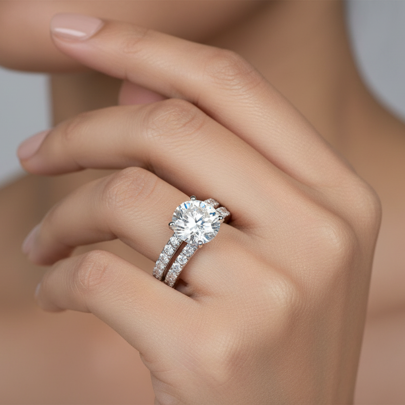 Generated image of an Indian female model wearing the two-tone rose gold and white gold four-prong round brilliant solitaire engagement ring with double-row pavé diamond band bridal set