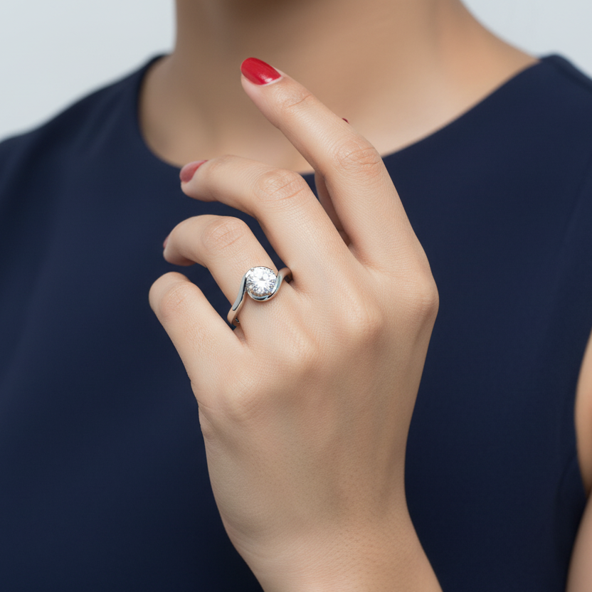 Generated image of an Indian female model wearing the white gold bypass twist four-claw round brilliant diamond solitaire engagement ring with dramatic flowing bypass shank design