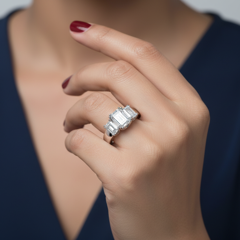 Generated image of an Indian female model wearing the white gold three-stone emerald-cut diamond trilogy engagement ring with shared U-claw settings and bold plain domed shank