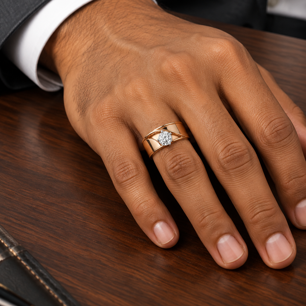 Handsome elegant Indian male model's hand with warm golden skin and well-groomed clean short nails wearing a very small wide rose gold men's solitaire ring with diagonal groove texture design — wide flat highly polished rose gold band with elegant diagonal grooves or ridges sweeping across the face creating a bold sculptural pattern; round brilliant diamond in a four-prong white gold silver claw setting nestled into the grooved face slightly offset; hand placed confidently with fingers relaxed and slightly