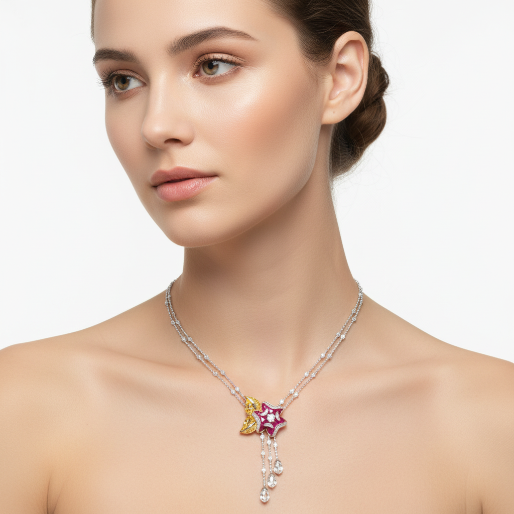 Multi-gemstone botanical necklace on model