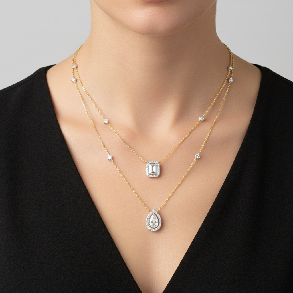 Two-tone gold layered diamond necklace with emerald-cut and pear-shaped pendants on model