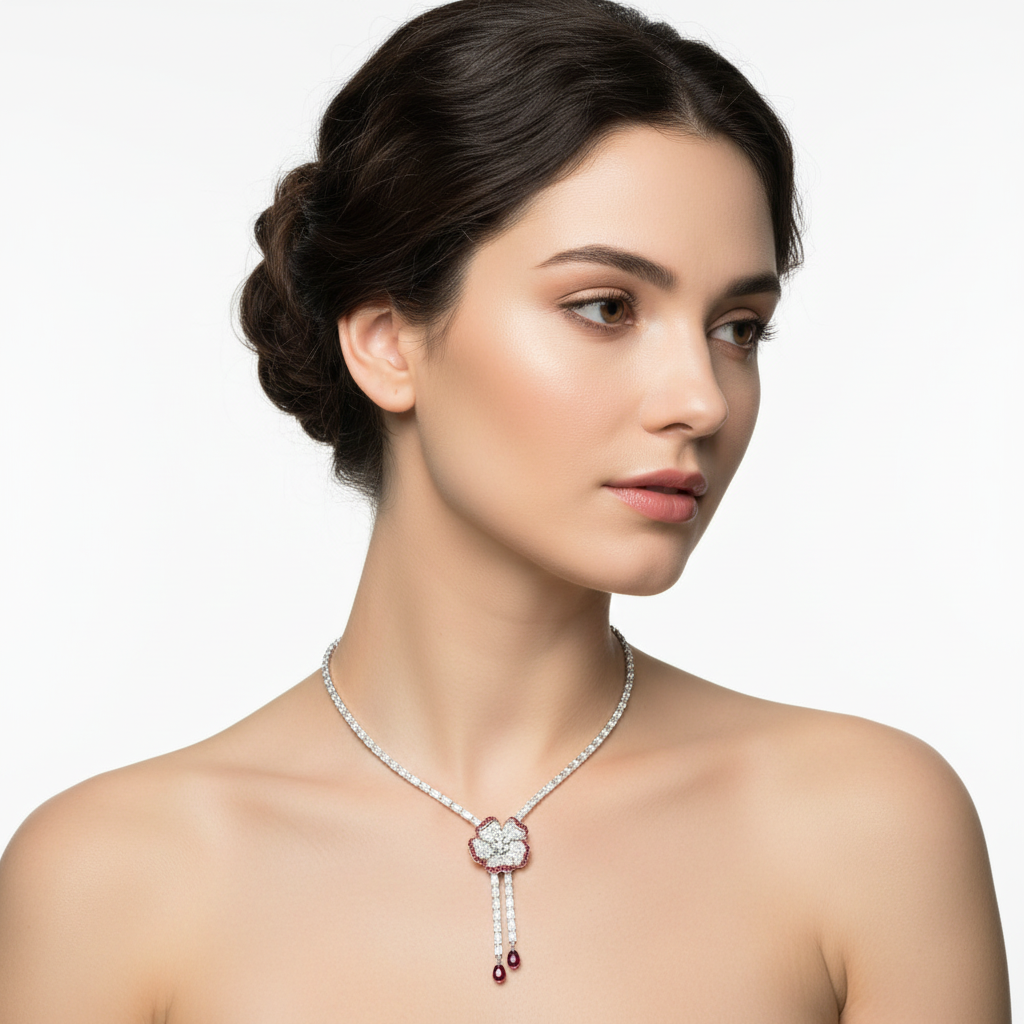 White gold diamond and ruby floral necklace on model
