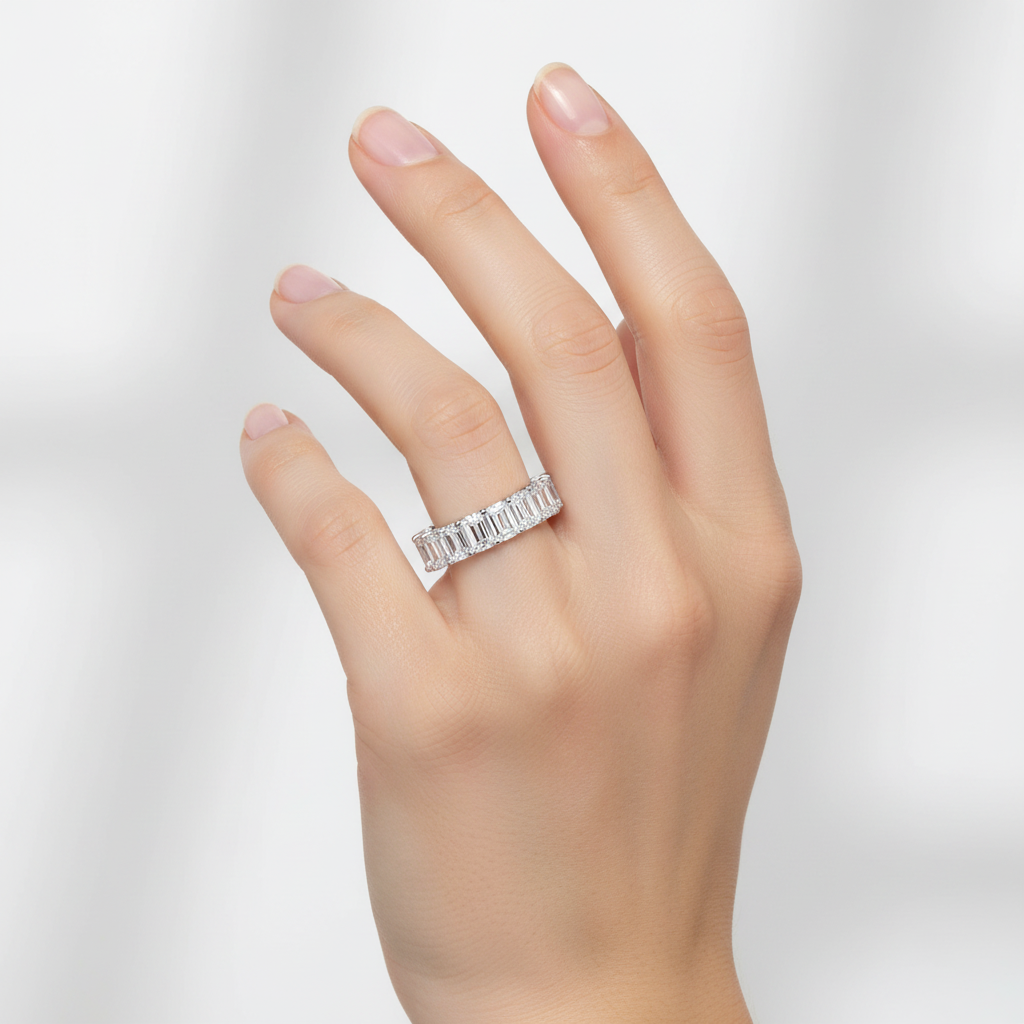 White gold emerald-cut diamond double-row eternity band on model
