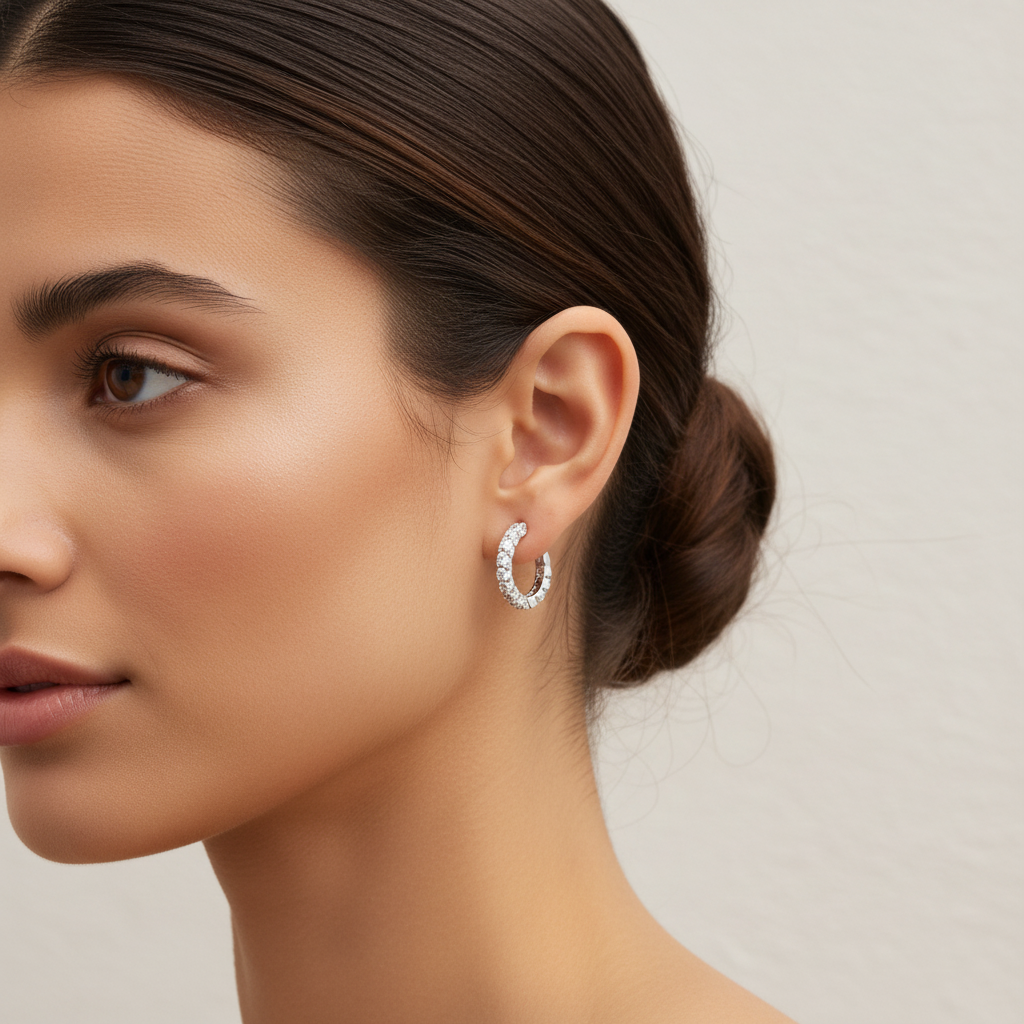 White gold inside-out diamond hoop earrings on model