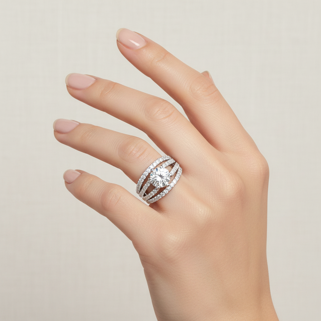 White gold round brilliant diamond solitaire engagement ring with multi-row pavé band on model