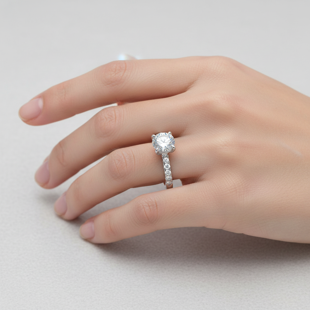 White gold round brilliant diamond solitaire engagement ring with pavé band on model