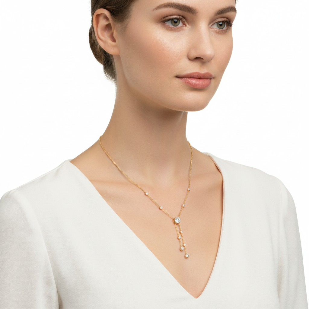 Yellow gold diamond lariat necklace on model