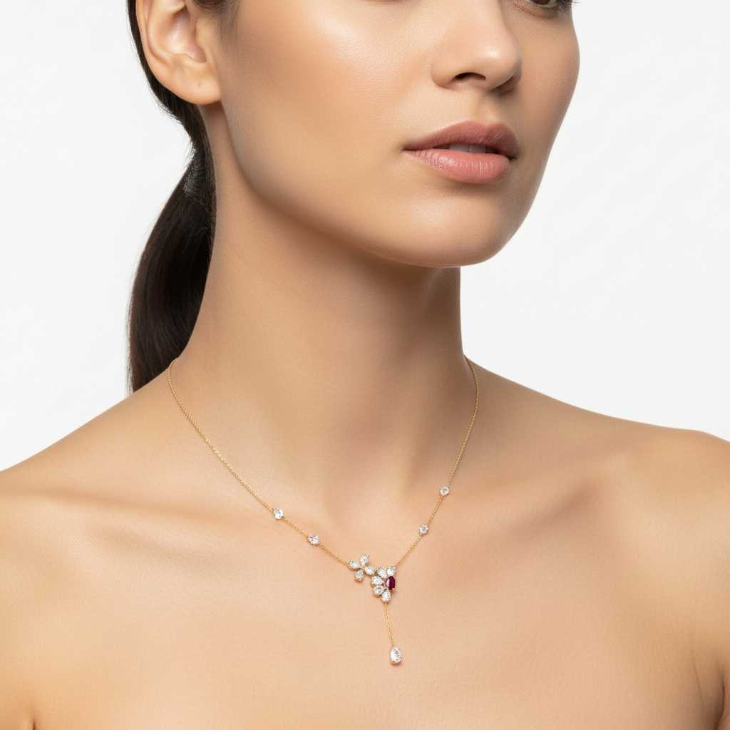 Yellow gold rose-cut diamond and ruby floral necklace on model
