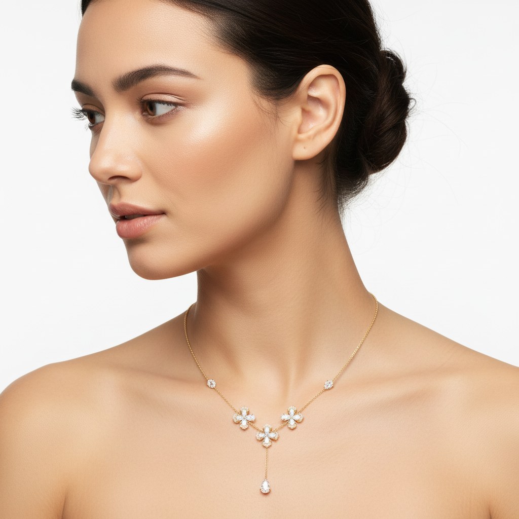 Yellow gold rose-cut diamond floral necklace on model