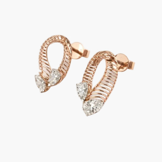 Rose gold hoop earrings with clear gemstones on a white background