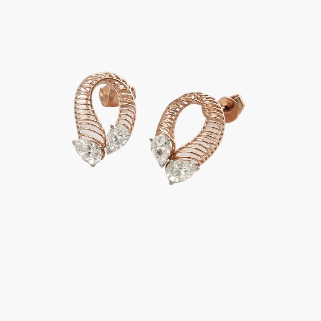 Rose gold hoop earrings with clear gemstones on a white background