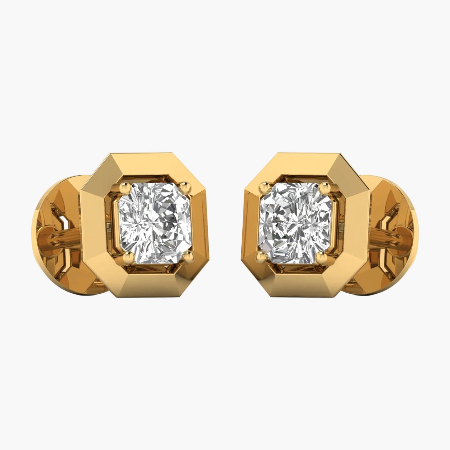 Gold earrings with diamond studs on a white background