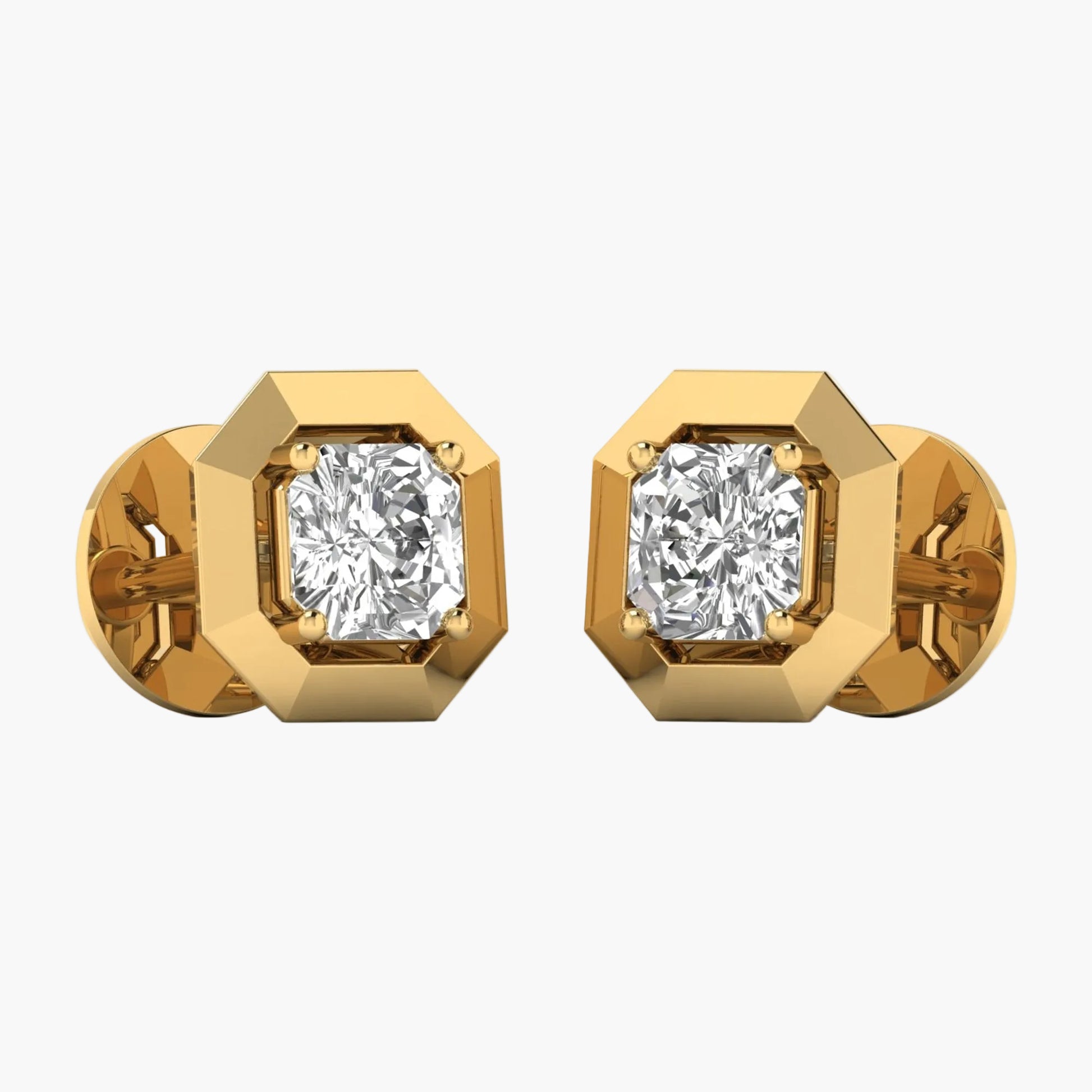 Gold earrings with diamond studs on a white background