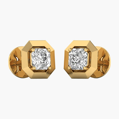 Gold earrings with diamond studs on a white background