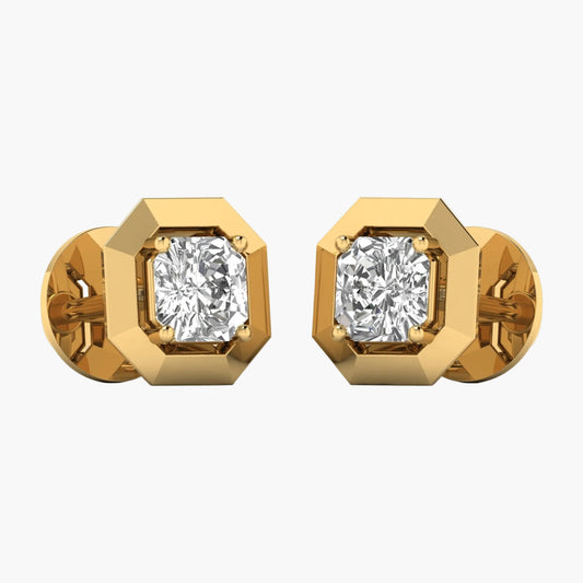 Gold earrings with diamond studs on a white background