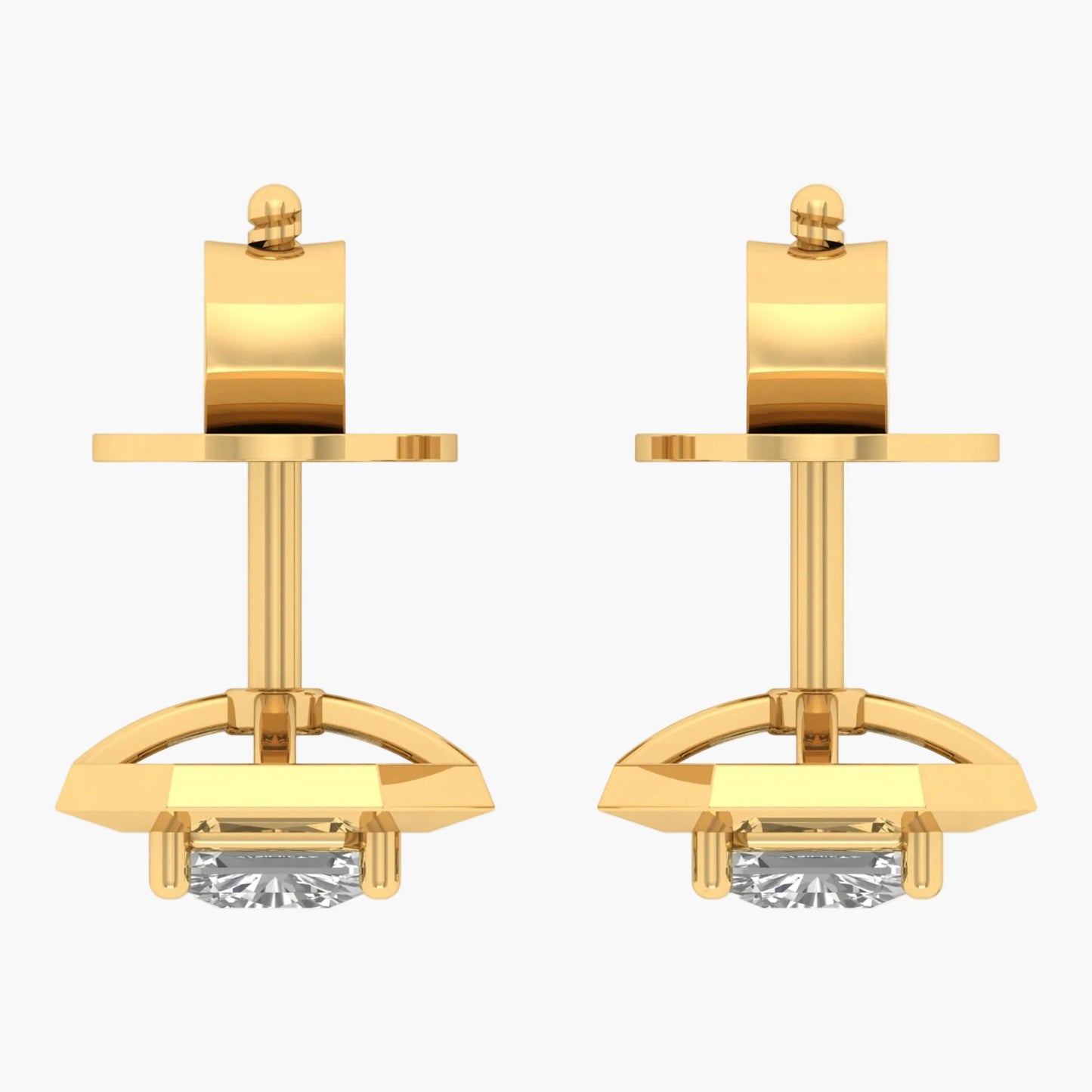 Gold earrings with clear gemstones on a white background