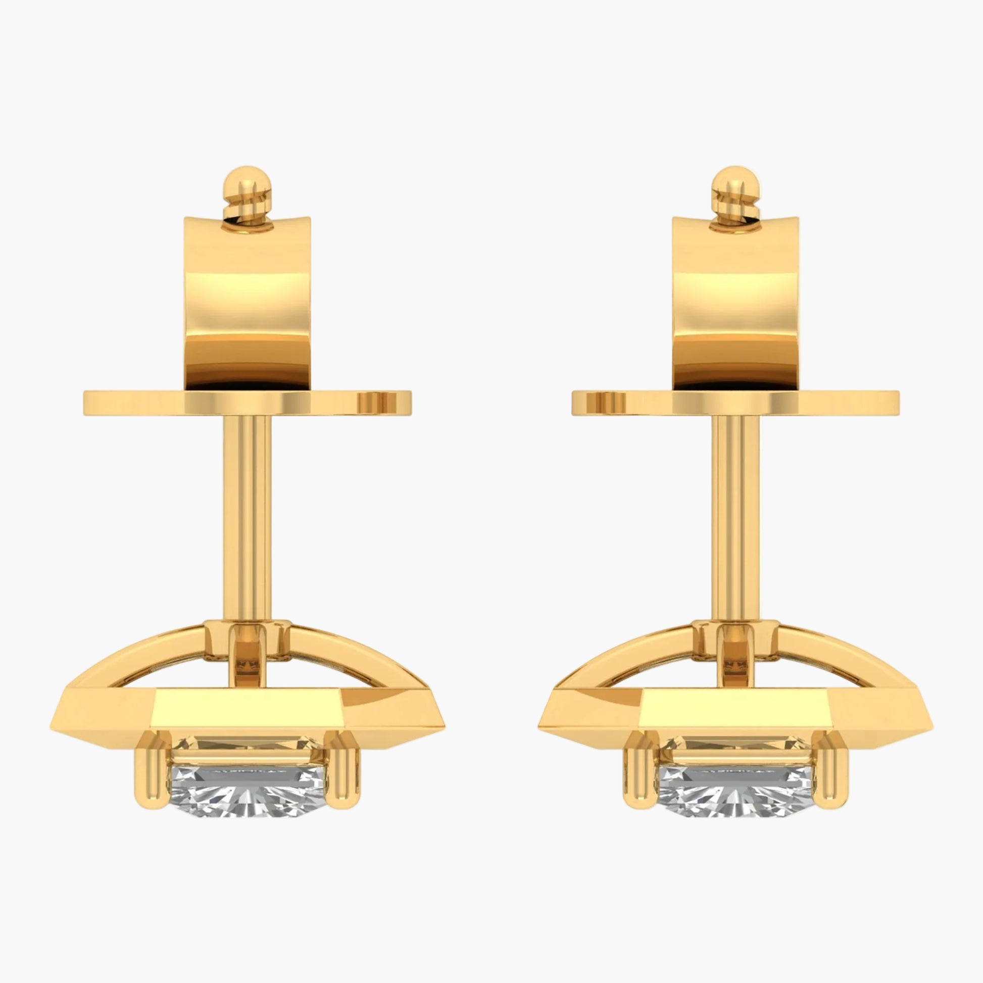 Gold earrings with clear gemstones on a white background