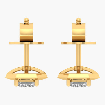 Gold earrings with clear gemstones on a white background