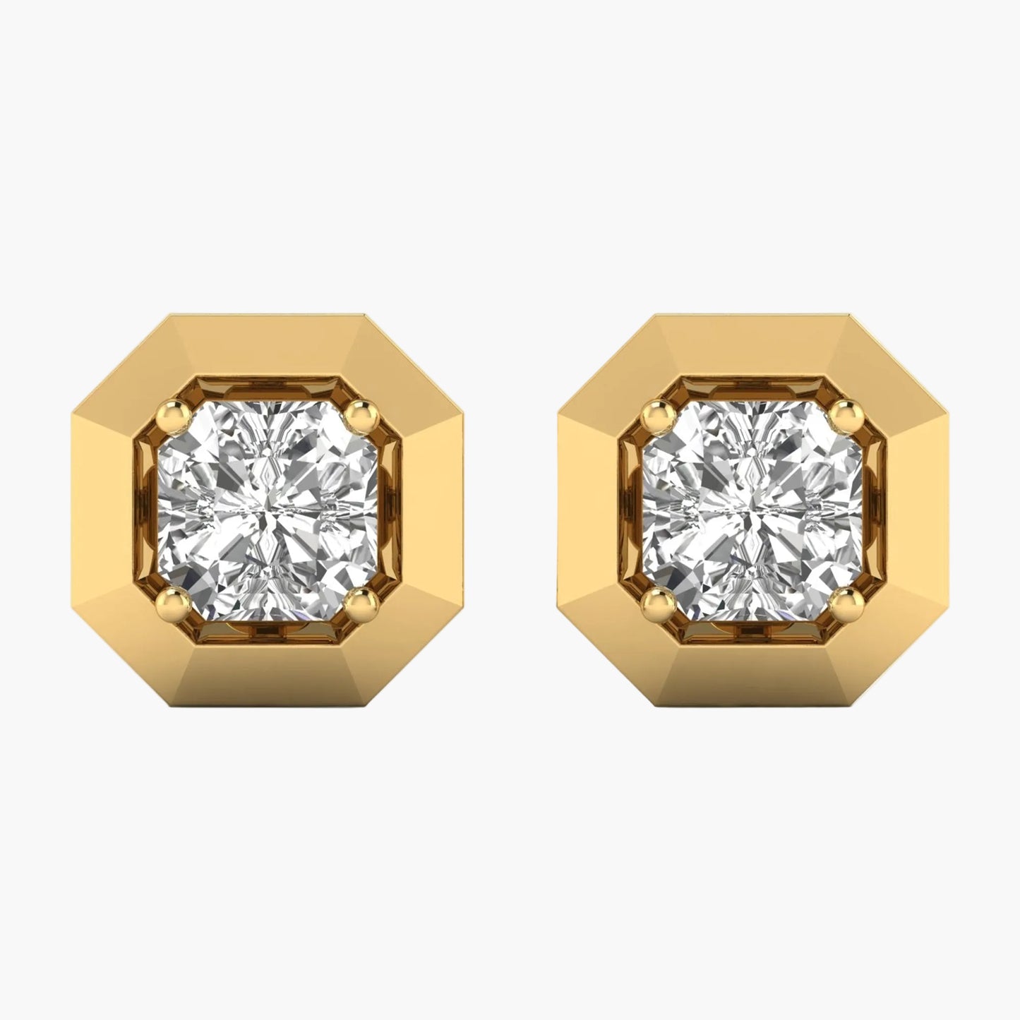 Gold hexagonal earrings with clear gemstones on a white background
